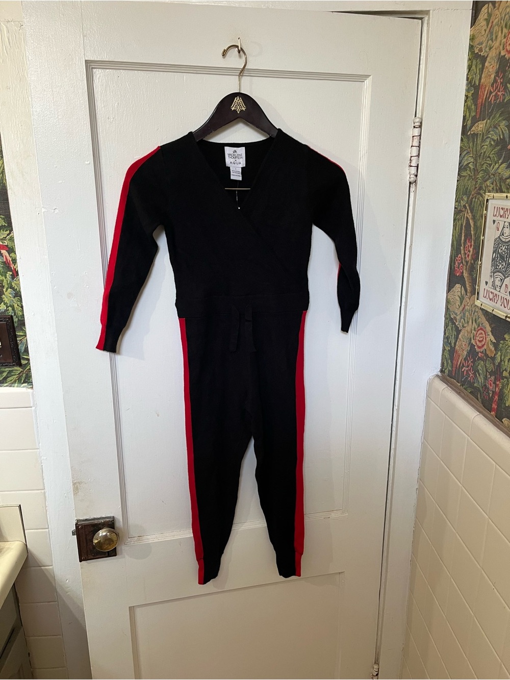 NWT Madeleine Thompson x AQUA Girls Black Red Track Stripe Knit Jumpsuit - S
